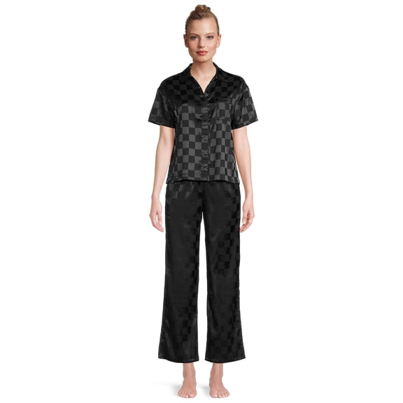 Lissome Women's and Women's Plus Satin Checkered Boxy Crop Top and Pants Sleep Set, 2-Piece