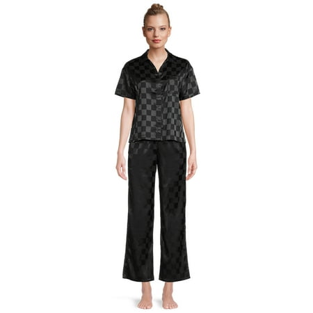 

Lissome Women s and Women s Plus Satin Checkered Boxy Crop Top and Pants Sleep Set 2-Piece
