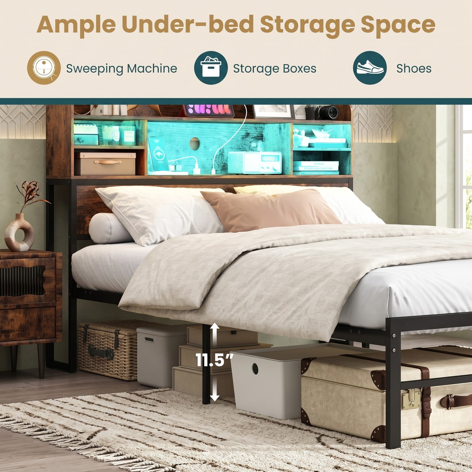 Furnibear Full Size Bed Frame with Storage, Metal Platform Bed with Storage Headboard, LED Lights and USB Charging, Rustic Brown