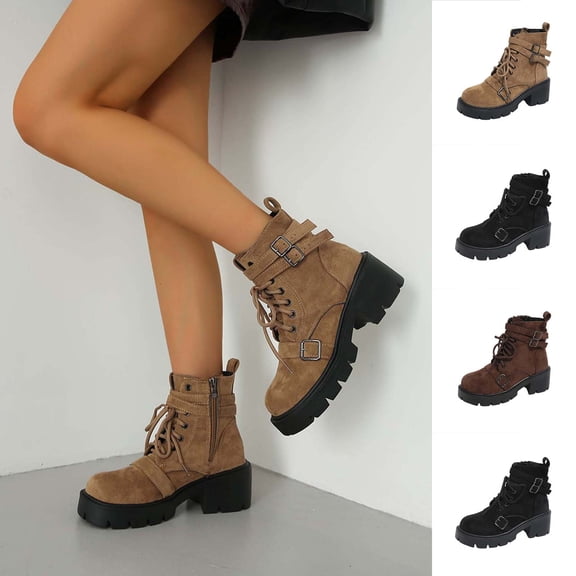 Hinvhai Women's Chunky Heel Combat Boots - Leather Platform Ankle Booties with Side Zipper Belt Buckle & Lug Sole Coffee 9.5(43)