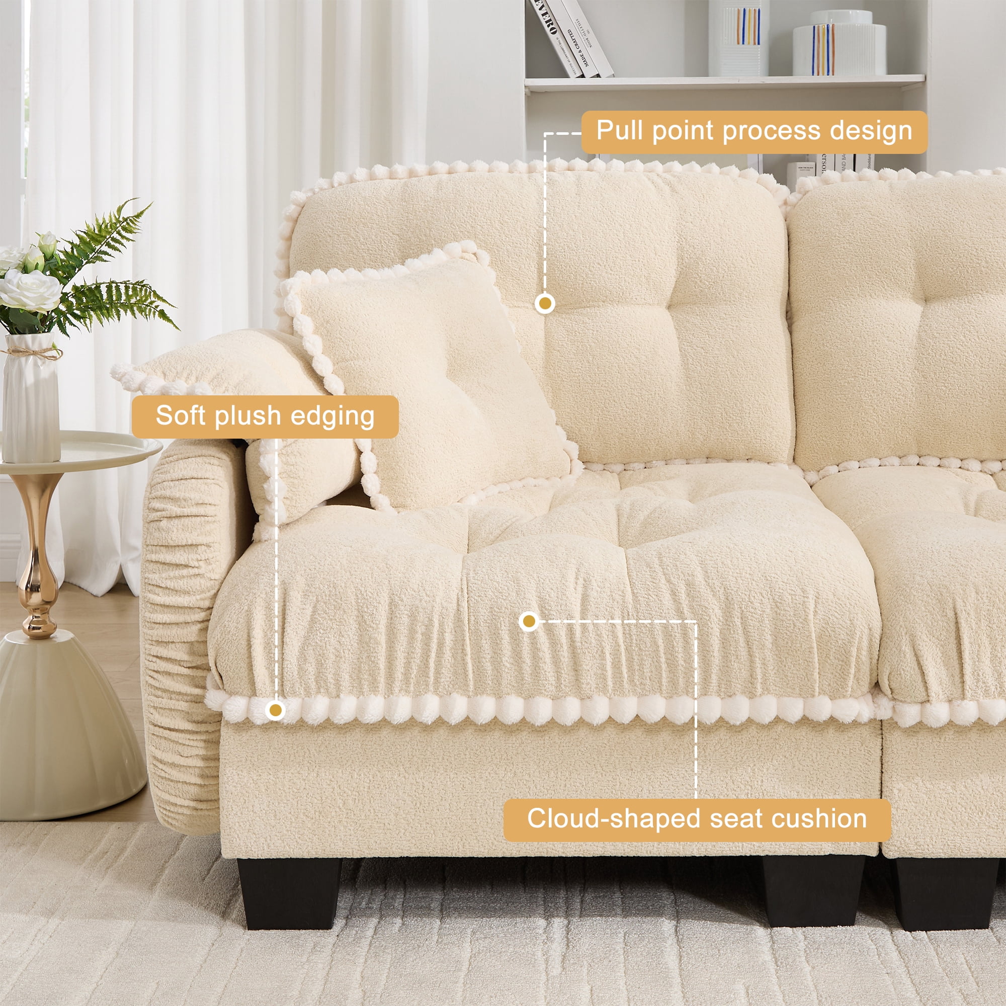 Anpport 100" Chenille Cloud 3‑Seater Sofa with 4 Pillows, Pom‑Pom Trim, Quilted Tufted Ergonomic, Easy Assembly Deep Seat for Living Room Apartment, Cream