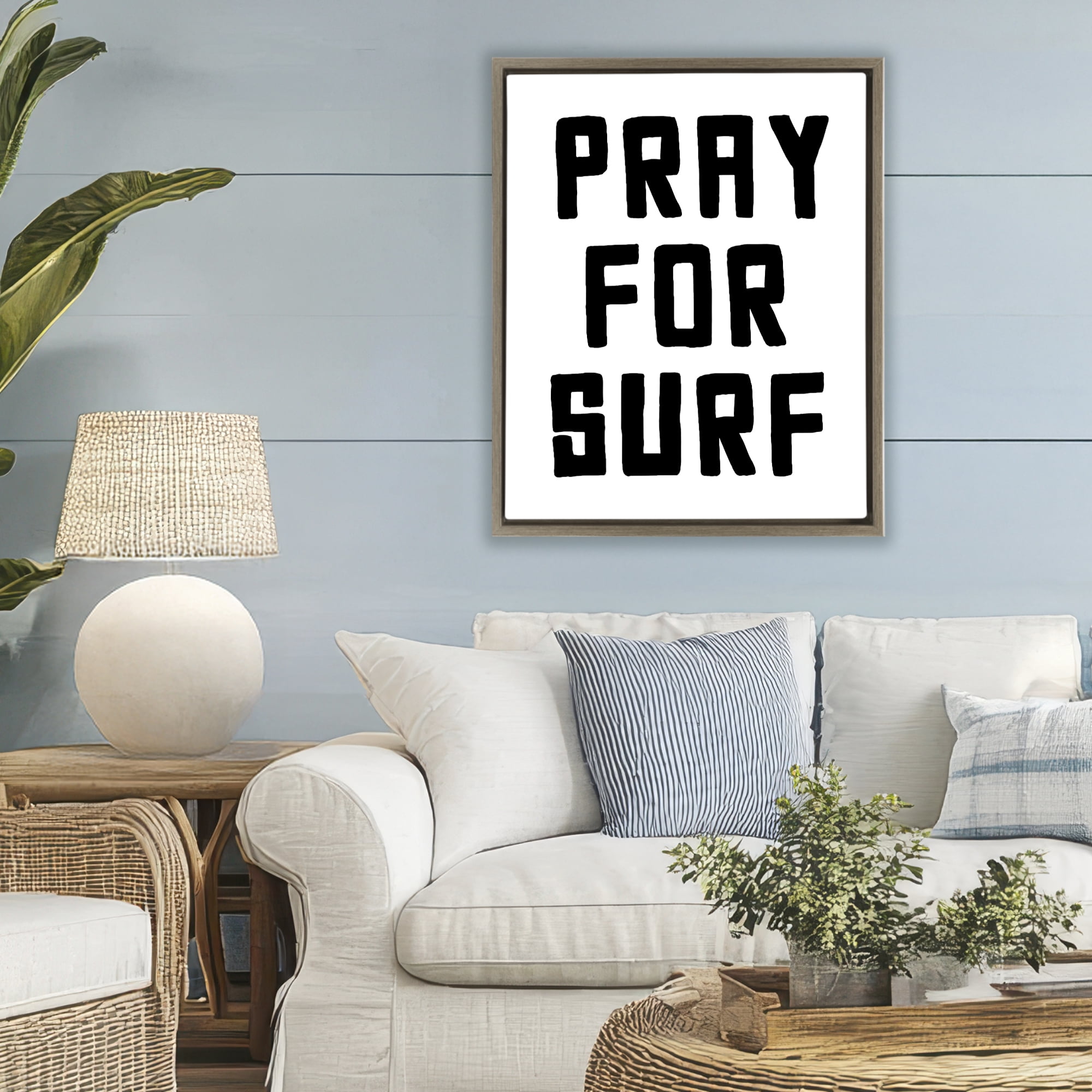 Pray For Surf Simple Sentiment Brown Framed Floater Canvas Wall Art, design by Lettered and Lined