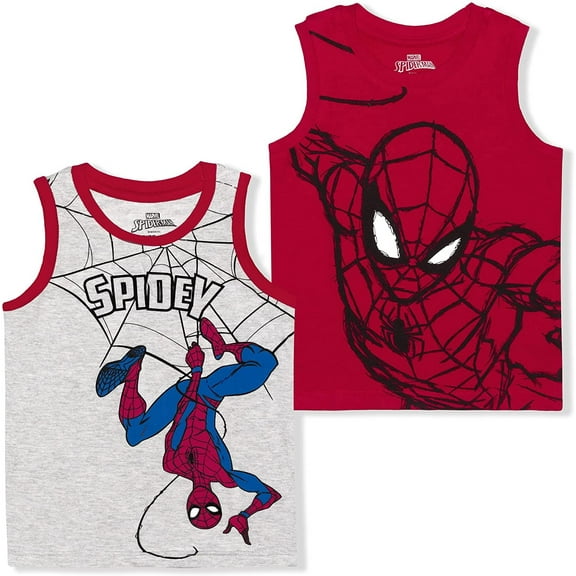 Spiderman Marvel 2 Pack Boy's Sleeveless Tee Shirt Set, Printed Undershirt for Kids, Red, Size 4