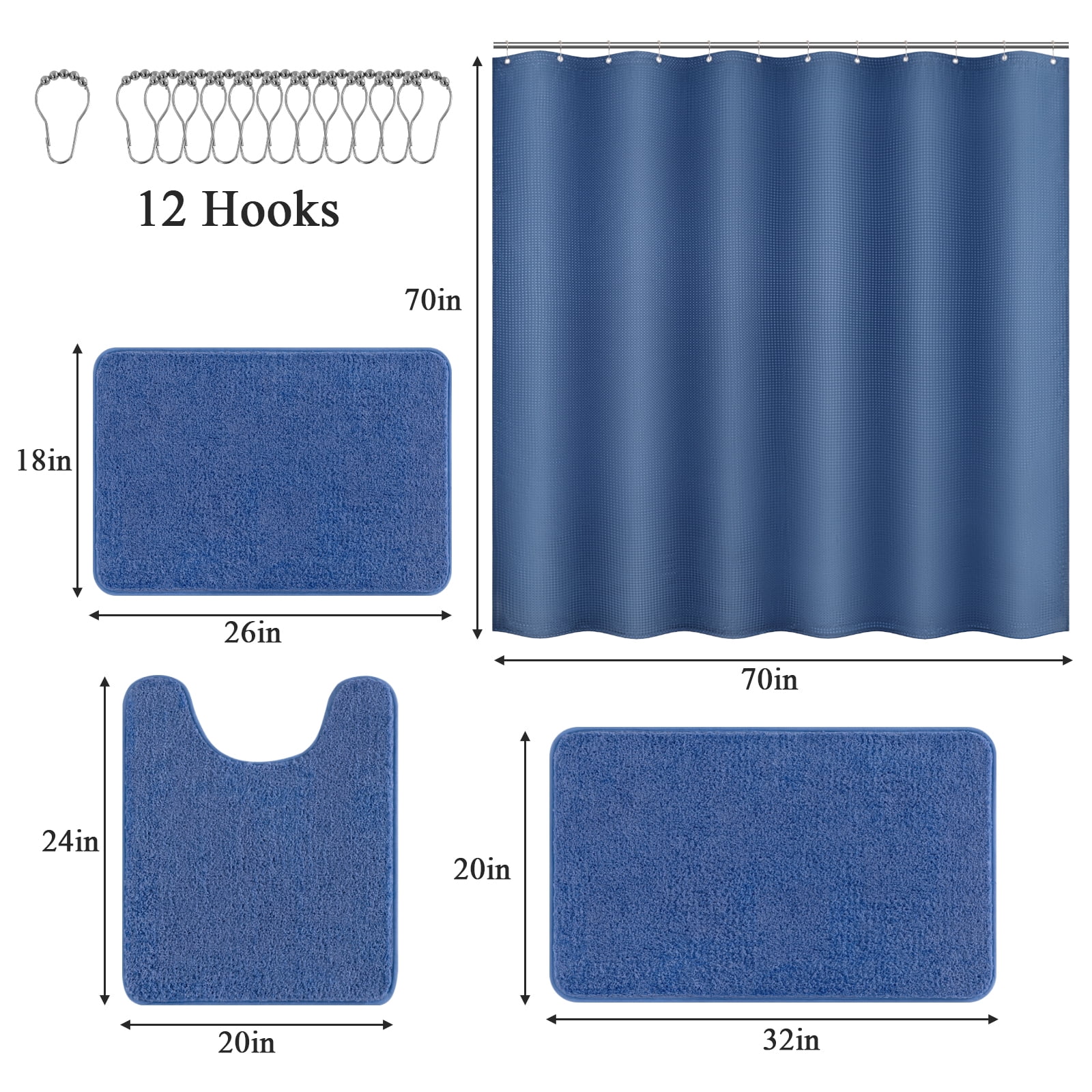‌Ileading 16-Piece Shower Curtain Set with Rugs, Waterproof Waffle Shower Curtain & Soft Non-Slip Bath Rugs with 12 Hooks, Blue Bathroom Sets