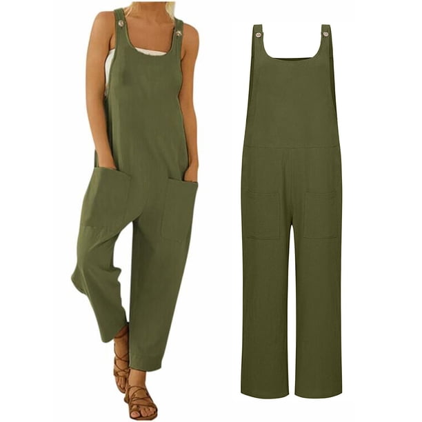 TRKIYQC Mono suelto para mujer con bolsillos, pantalones rectos sin mangas con cuello en forma de U de pierna ancha TRKIYQC moda