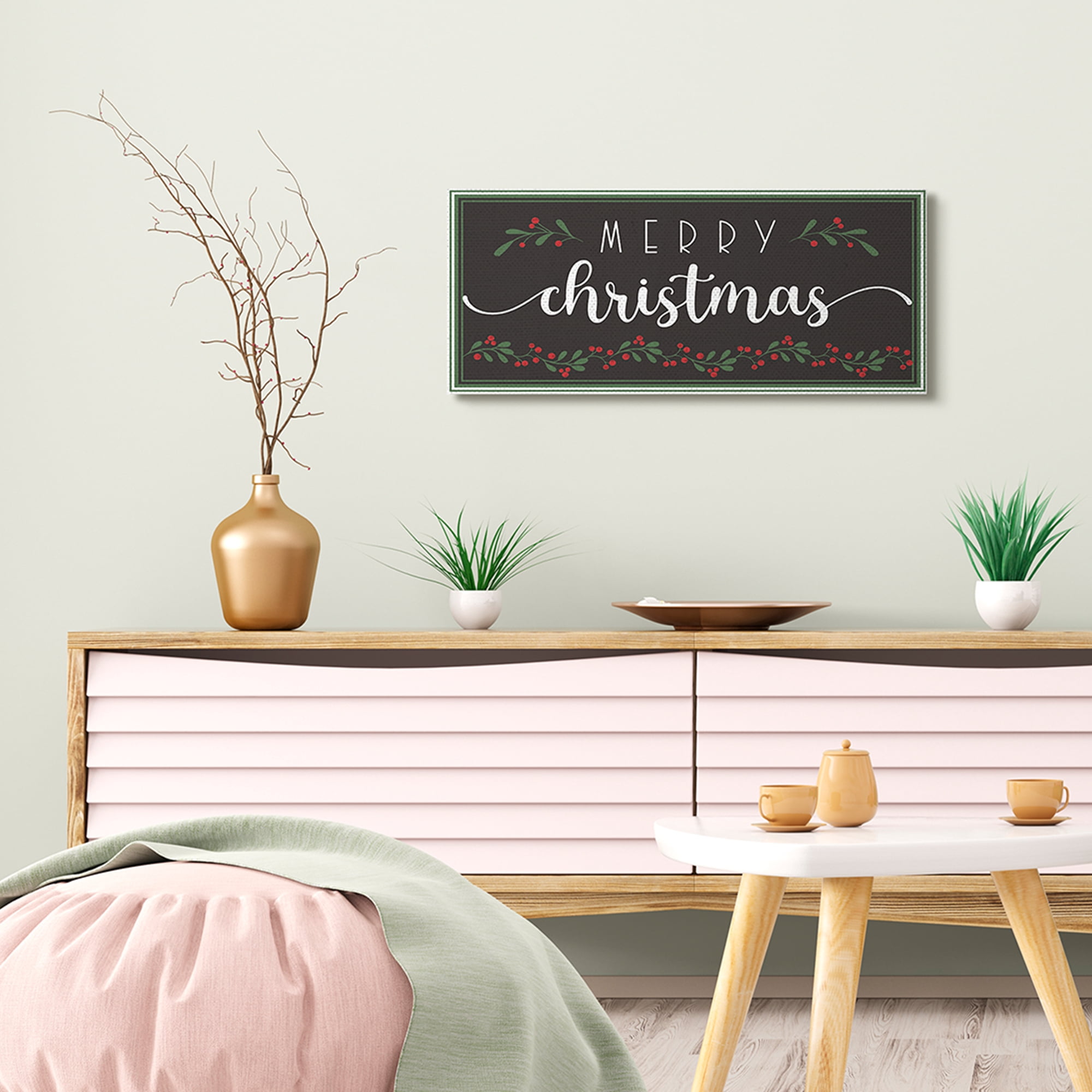Stupell Industries Merry Christmas Phrase over Black Festive Holly Canvas Wall Art, 13 x 30, Design by AE Design