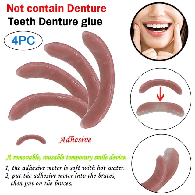 Summer Clearance! 4pc Temporary Smile Comfort Fit Cosmetic Teeth Denture Glue for Denture Teeth. The image displays four pink, curved adhesive glue bars designed for temporary denture use. These glue bars are soft and moldable when heated, allowing for easy application to dentures. The product is reusable and suitable for home use, providing a temporary solution for crooked, stained, or missing teeth. Note: Dentures are not included.