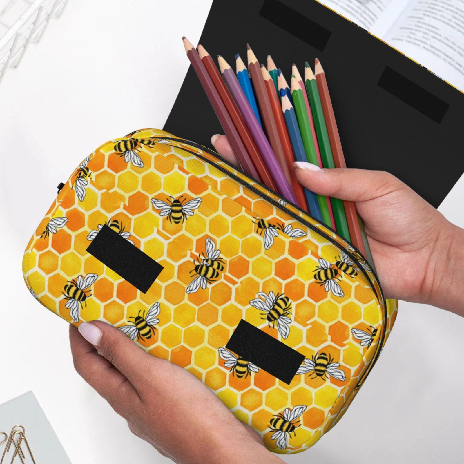Rateoe Honeycombs Pattern Double Clamshell Pen Case, Storage Organizer with Two Zipper Compartments– Holds Up to 50 Pencils & Pens