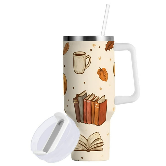 Yayeee 40oz Stainless Steel Tumbler with Straw and Handle Double-Wall Insulated Travel Water Bottle, Fall Beige Pumpkin