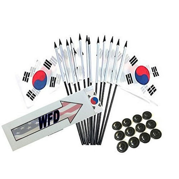 Box of 12 South Korea 4"x6" Polyester Miniature Office Desk & Little Table Flags, 4x6 South Korean Small Mini Hand Waving Stick Flags with 12 Flag Bases (Stands)
