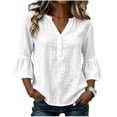 thumbnail image 2 of thefmos Women's Fall Winter V Neck 3/4 Sleeve Blouses Ruffle Button Down Casual Solid Tops Loose Pullover Sweater Shirts for Work Travel, White L, 2 of 8