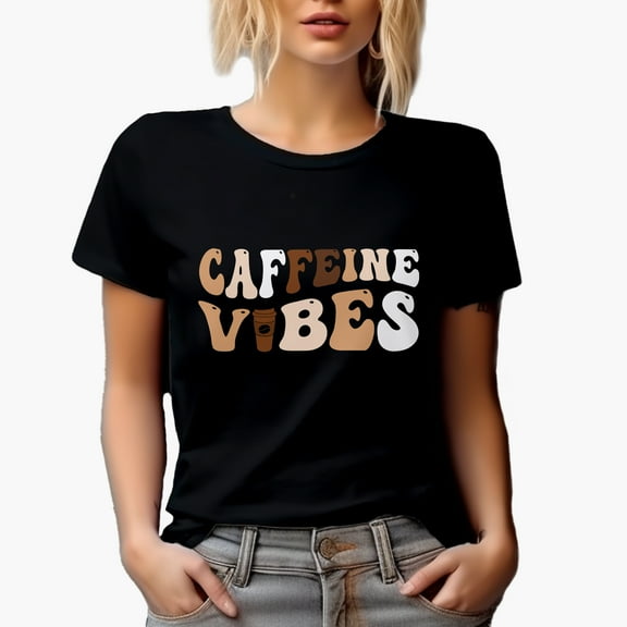 Caffeine Vibes, Coffee Drinker Themed, Groovy Retro Wavy Text Merch Gift, Black T-Shirt, Small
