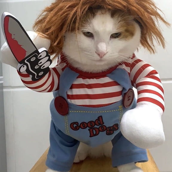 Halloween Pet Costume, Funny 3D Standing Killer Doll Outfit with Prop Knife, Adjustable Cosplay Clothes for Cats Small Medium Dogs, Party Photo Prop, M