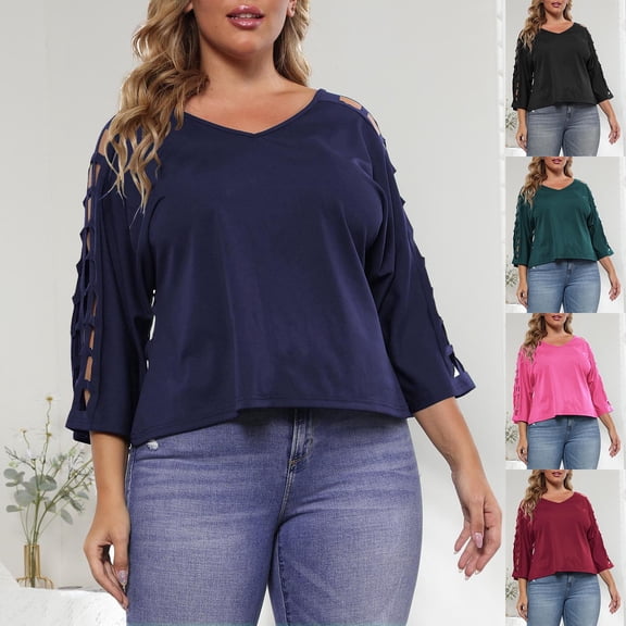 Hesxuno Women's Plus Size Solid T-Shirts Hollow 3/4 Sleeve Shirts Loose Fit V Neck Cropped Tops Casual Elegant Travel Summer Tees Black