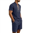 thumbnail image 4 of Mens Linen 2 Piece Set Short Sleeve Retro Medieval Viking Lace Up Henley Pirate Shirt and Shorts Summer Distressed Vacation Outfits Navy, 4 of 8