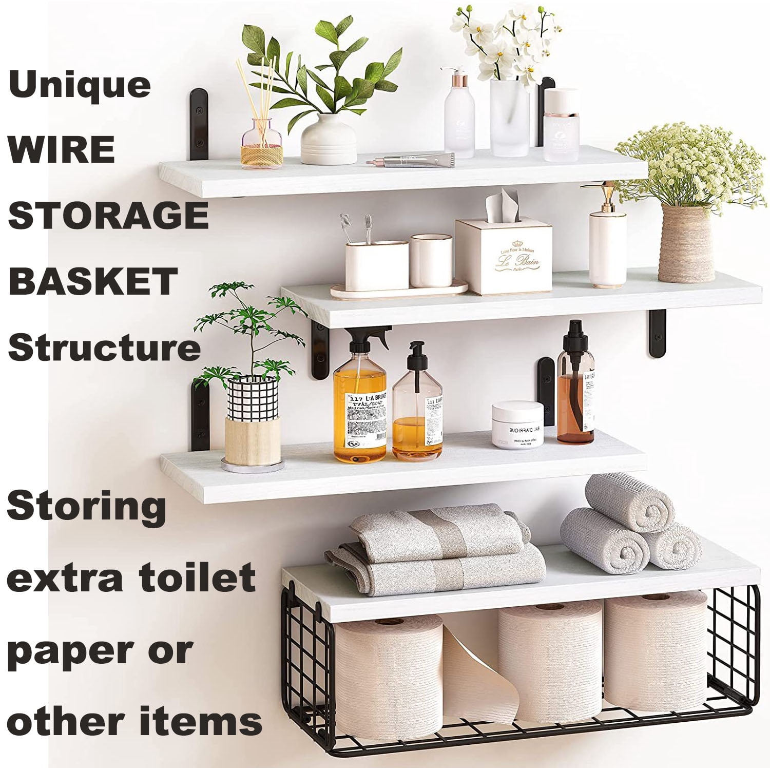 16" Floating Shelves W/Frame Wall-Mounted Rustic Decor Set of 3+1 Wood Storage Bathroom Shelf Over The Toilet, White