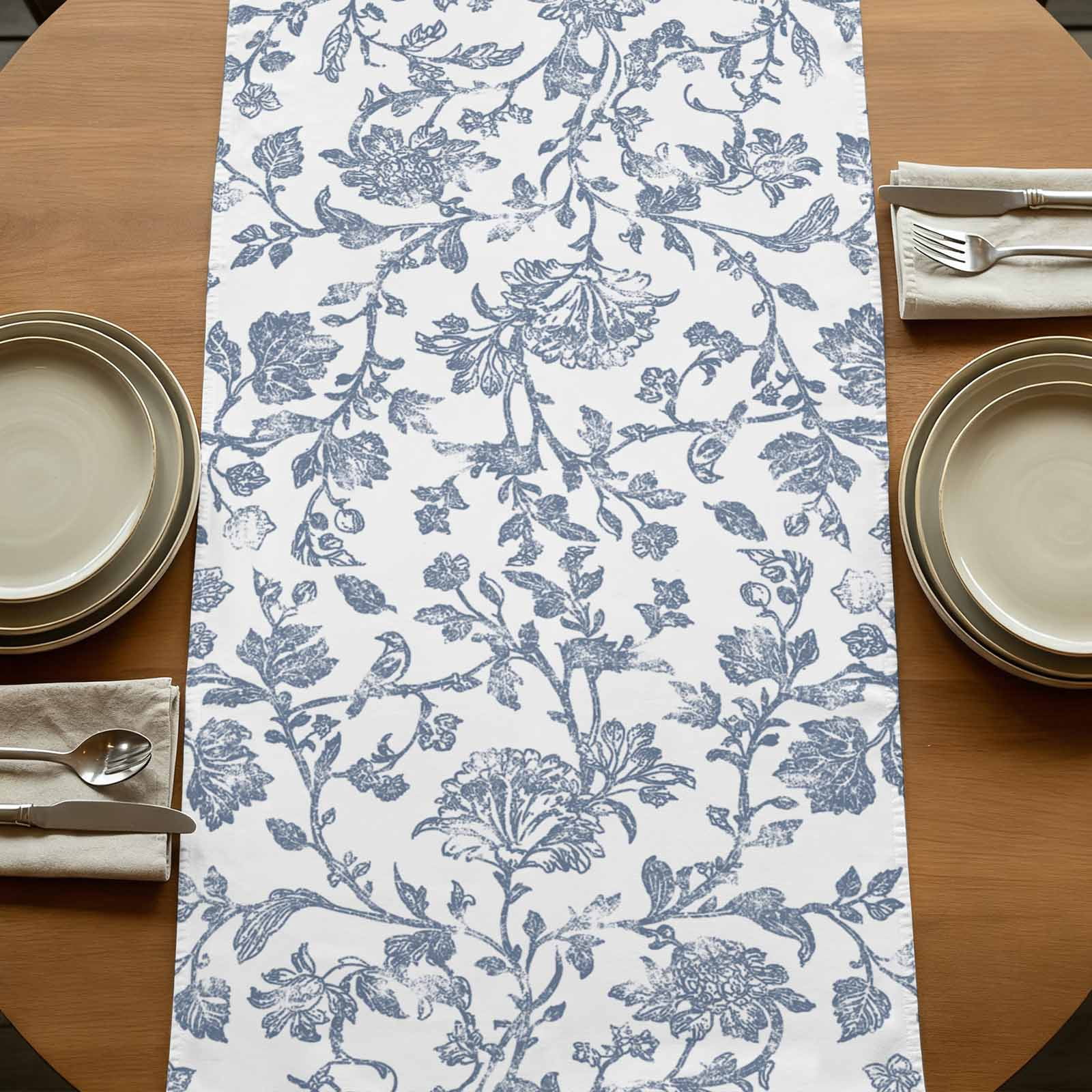 Blue Flower 108 Inch Table Runner, Vintage Farmhouse Boho Leaf Spring Summer Farmhouse Dresser Scarf Cotton & Linen Tablerunner for Dining/Kitchen Island/Holiday Party Décor 13" x 108"