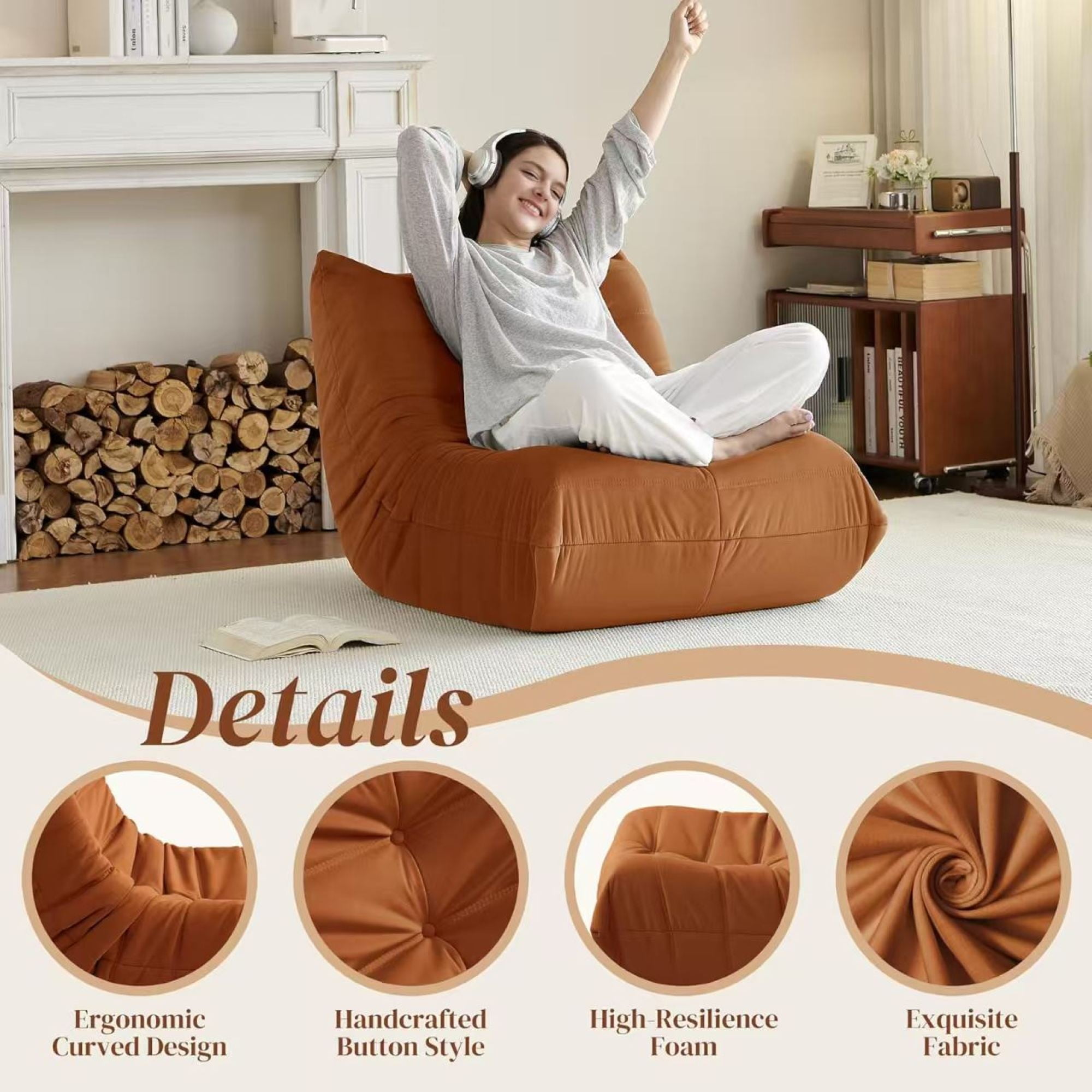 Modern Lounge Chair for Indoor,Button Tufted Corduroy Upholstered Recliner,Deck Chair for Bedroom Living Room,Orange