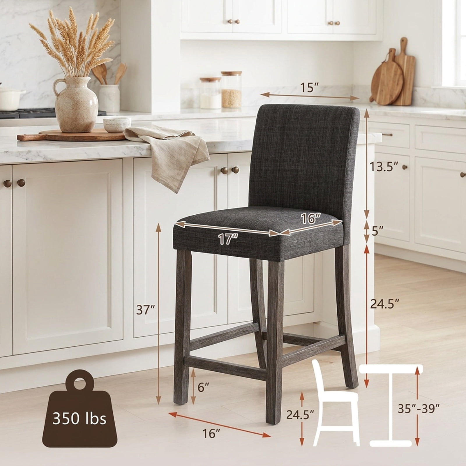 Furnibear Counter Height Bar Stools Set of 2 with Back and Footrest for Kitchen Island Counter Bar Pub Dining Home, Gray