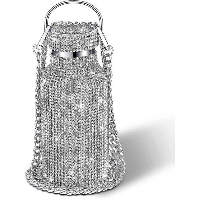 Diamond Water Bottle Bling Rhinestone Stainless Steel Thermal Bottle Refillable Water Bottle Insulated Water Bottle Glitter Water Bottle with Chain fo
