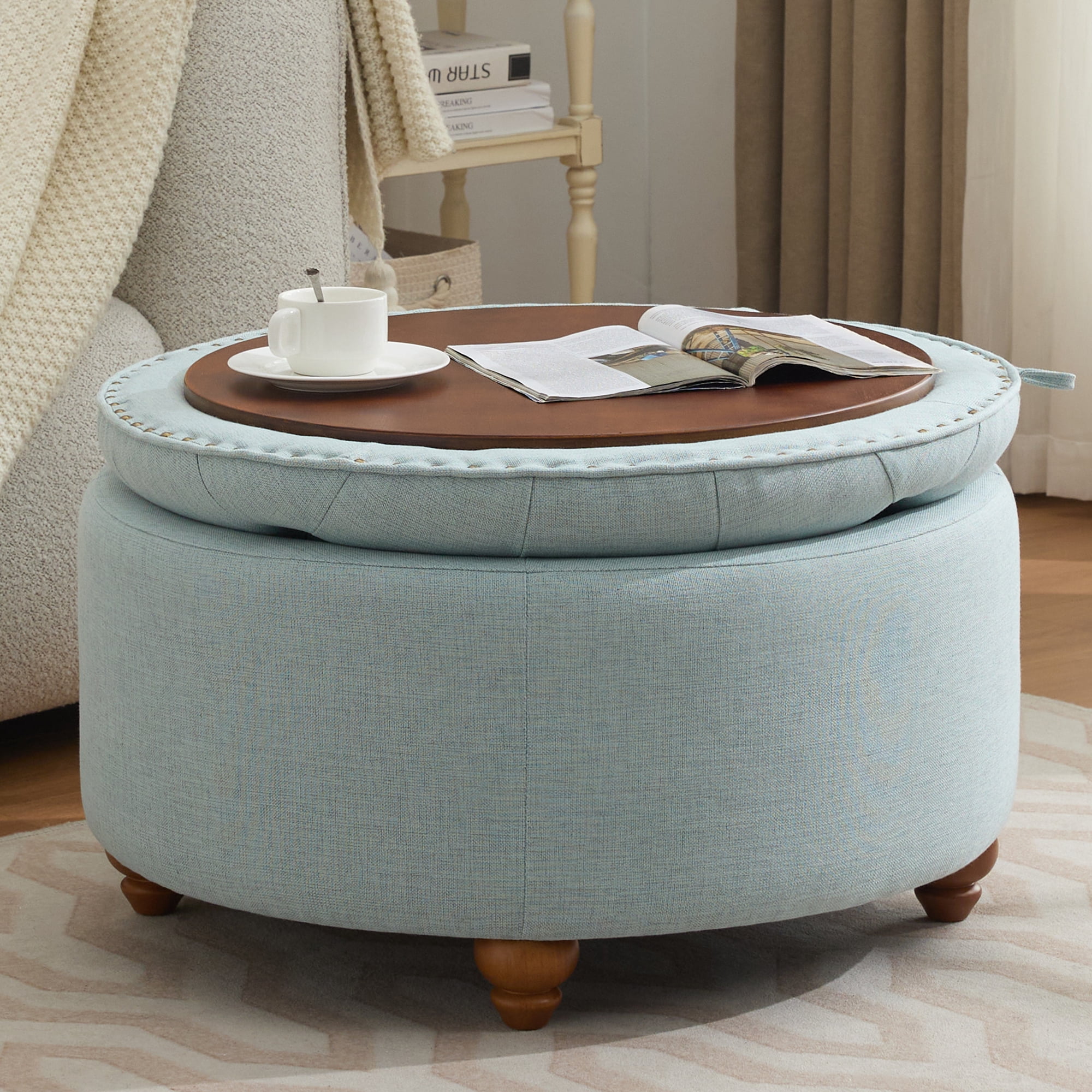 30Inch Round Storage Ottoman with Tray, Modern Tufted Fabric Circle Coffee Table with Storage, Upholstered Ottoman with Removable Top for Living Room, Bedroom, Blue