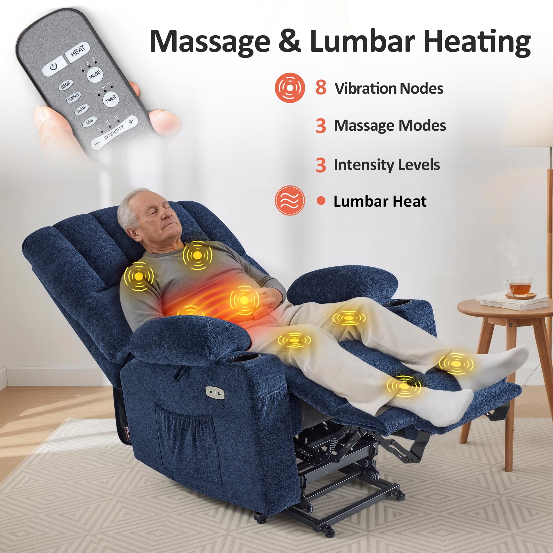 MCombo Power Lift Recliner with Massage Heat, Extended Footrest, Fabric(Medium-Regular, Navy Blue)
