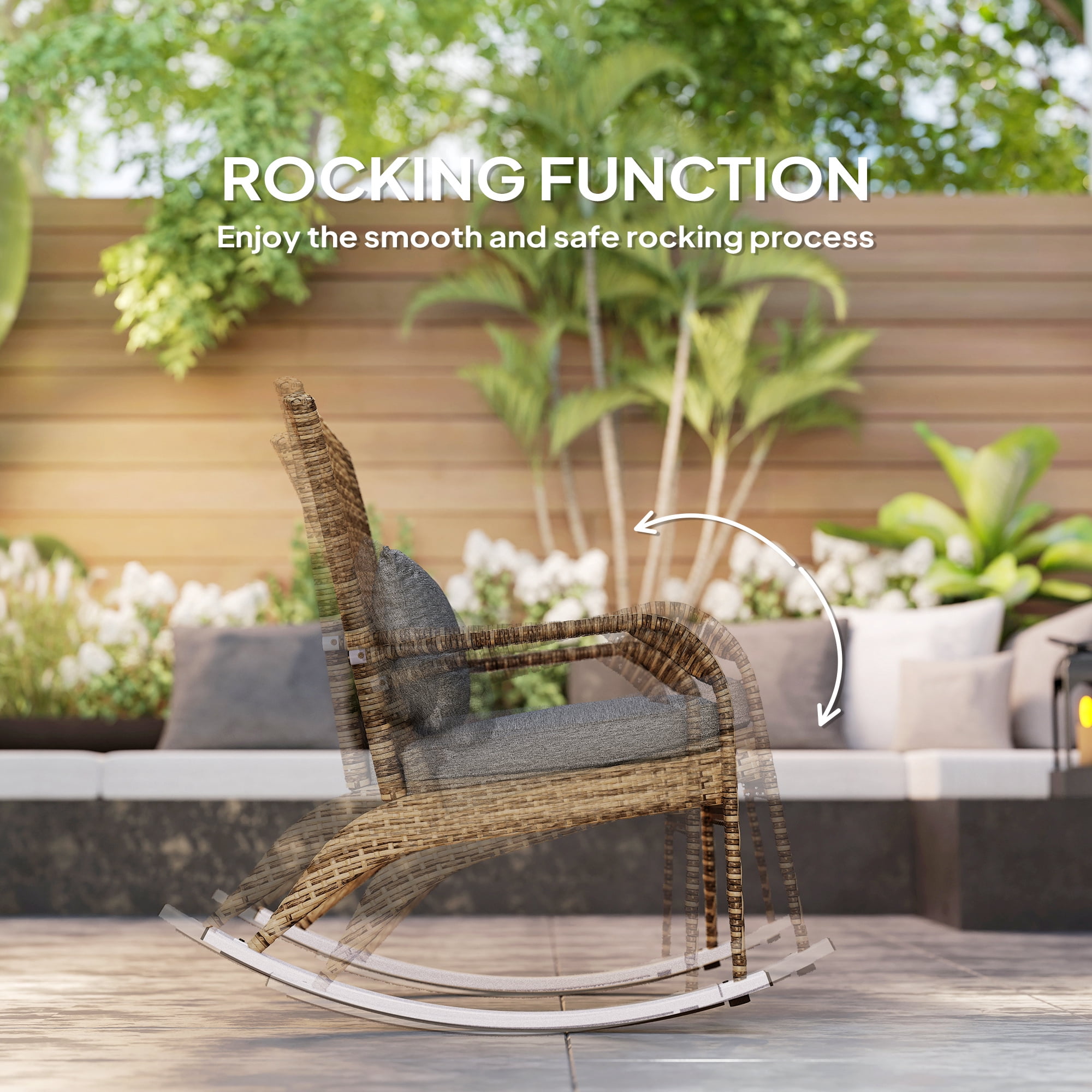 Adirondack Chair, Outdoor Wicker Rocking Chair with High Back, Seat Cushion, and Pillow for Porch, Balcony, Gray