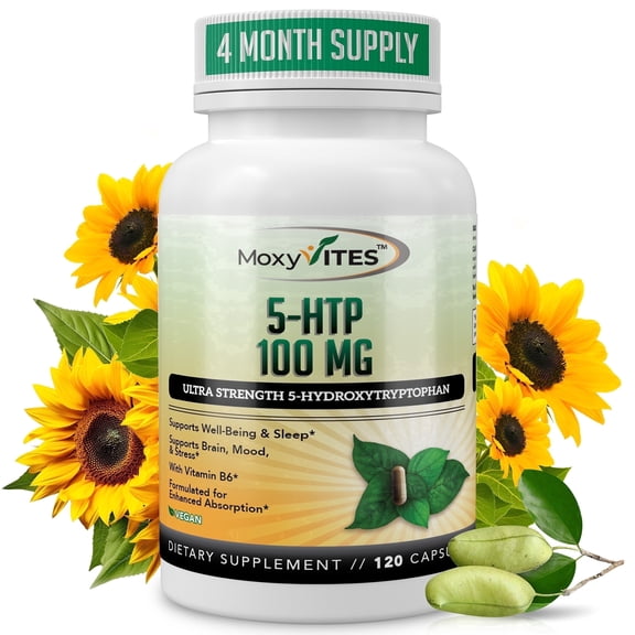 MoxyVites 5-HTP 100mg P-5-P B6 Mood, Sleep & Stress Support, Gluten-Free, 120 Vegan Capsules