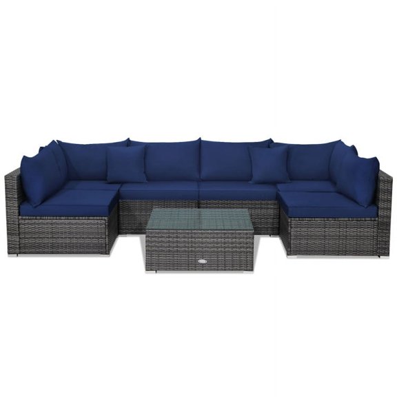 YYAo Garden Conversation Table Set, Conversation Loveseat Chairs Set,7 Pieces Patio Rattan Furniture Set Sectional Sofa Garden Cushion-Navy