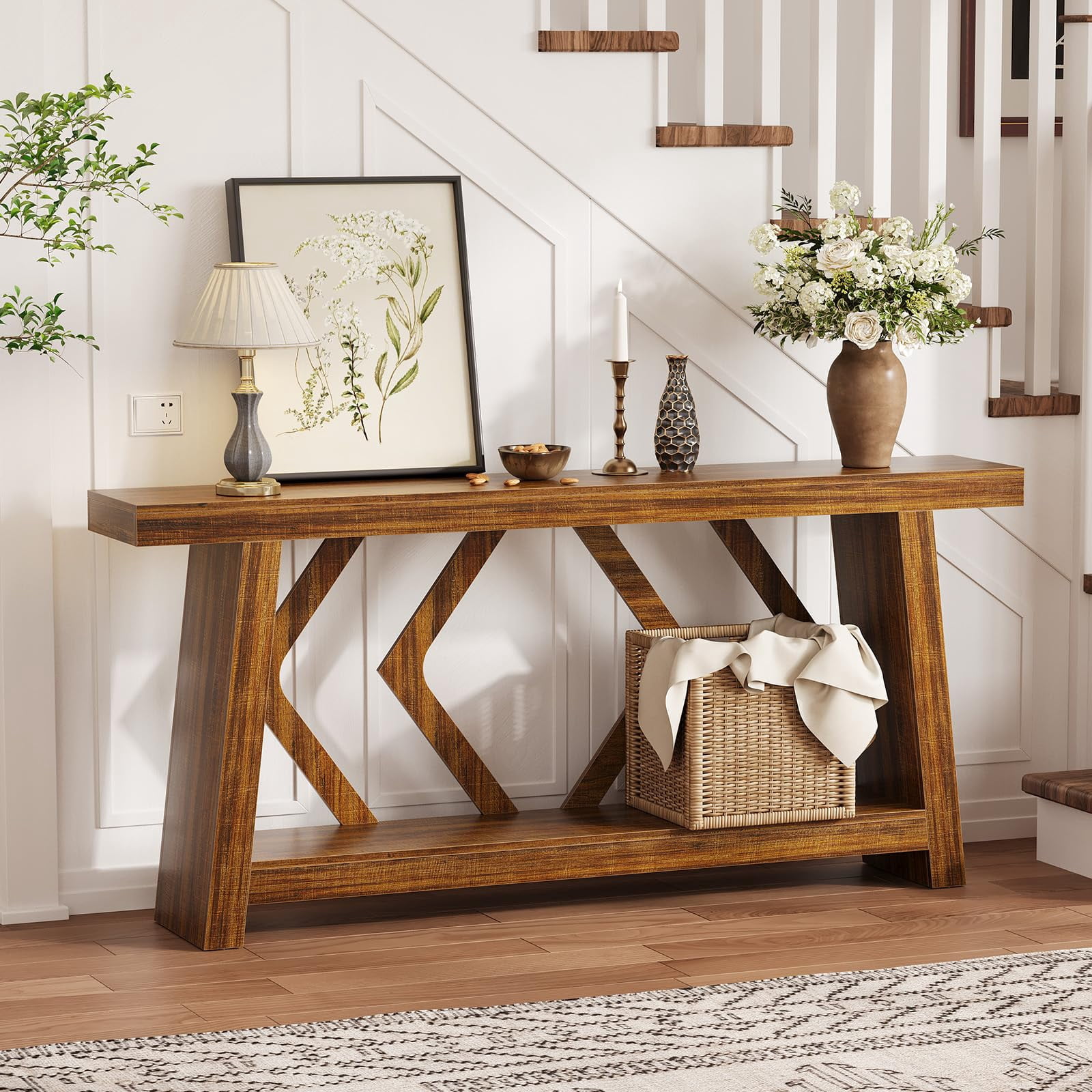 70.9 Inch Extra Long Console Table, 2-Tier All-Wood Sofa Table with Sturdy Trapezoid Legs, Entryway & Hallway Table for Living Room, Foyer