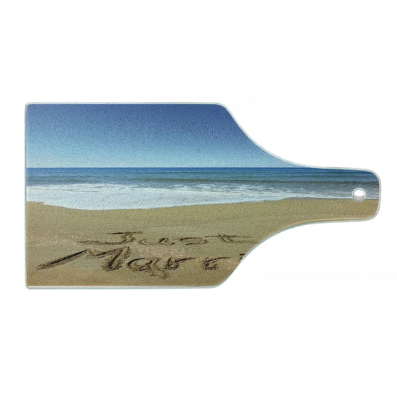 Wedding Cutting Board, Just Married Written on Sandy Beach Ocean Waves Romantic Photo Celebration, Tempered Glass Cutting and Serving Board, Wine Bottle Shape, Blue Brown White, by Ambesonne