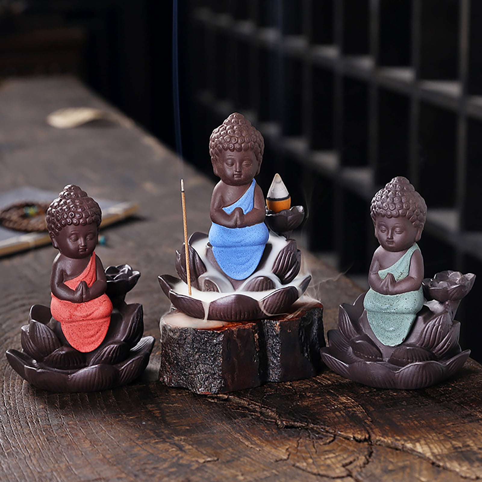 Meditating Monk Buddha with 10 Free Smoke Backflow Scented Cone Incenses 