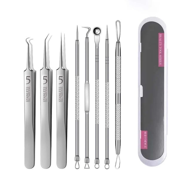 Xihbxyly Kit de Eliminación de Puntos Negros, Extractores Profesionales de Acero Inoxidable, Mango Antideslizante, Estuche Portátil, Rutina de Cuidado de La Piel, Artículos Esenciales de Belleza para