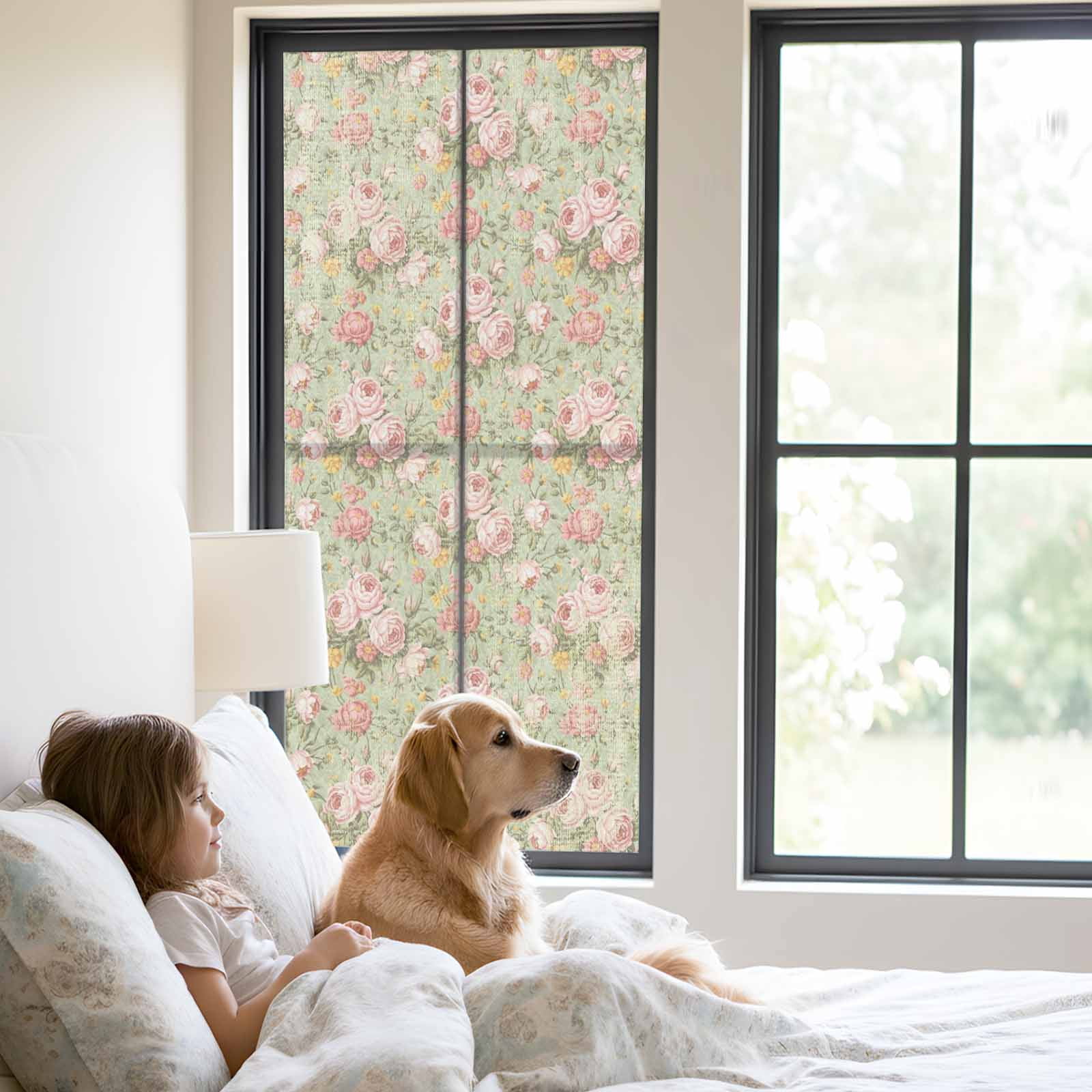 Pink Flowers Window Privacy Film, Green Country Botanical Floral Leaves Static Cling UV Sun Blocking Tint Film Heat Control Windows Films for Bedroom Bathroom, Window Stickers 23.6"x59"