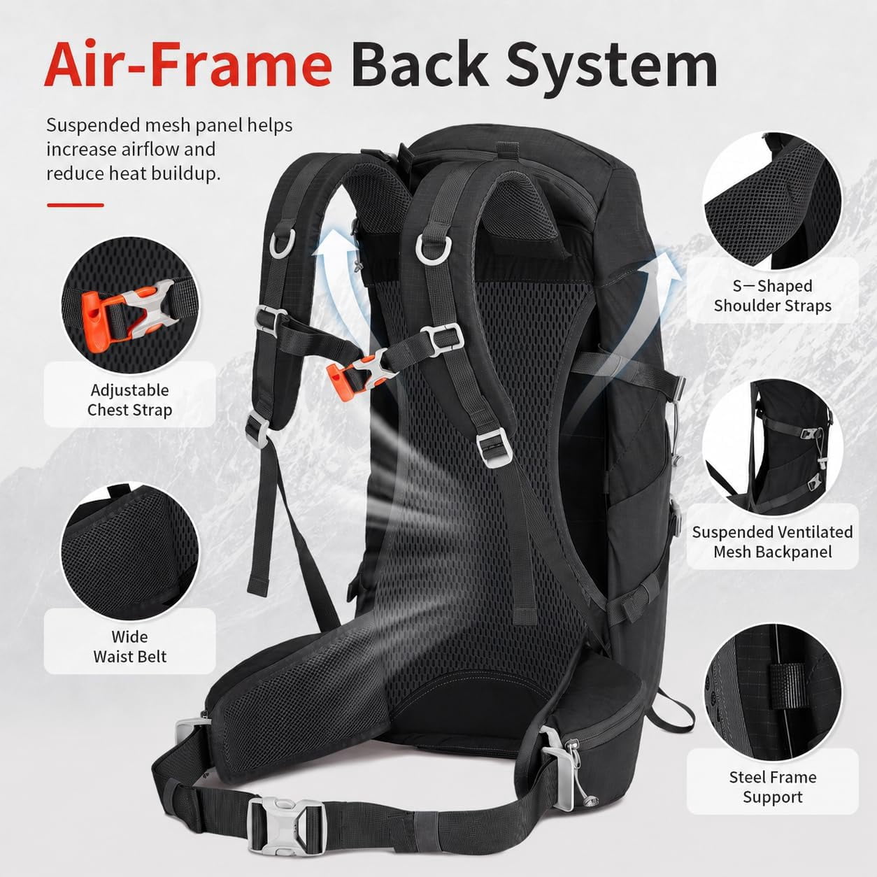 JIDIZHE 32L Hiking Backpack with Internal Frame and Rain Cover, Lightweight Pack Equipped with Adjustable Chest Strap, Breathable Unisex Daypack for Hiking, Camping and Travel，Black
