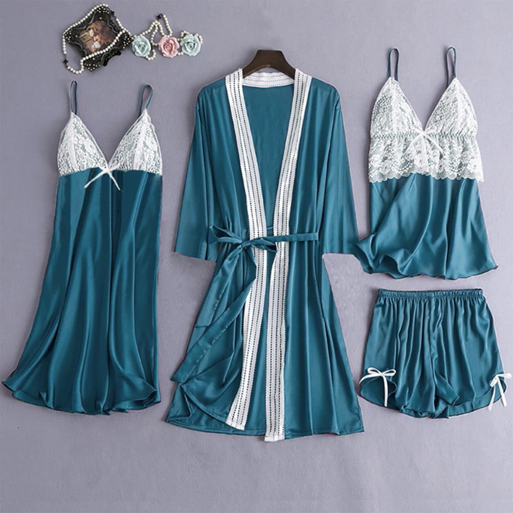 Womens Sheer Lace Cami Shorts Sets Dress Pajama Lingerie Sets with Robe 4PCS Satin Kimono Sleepwear