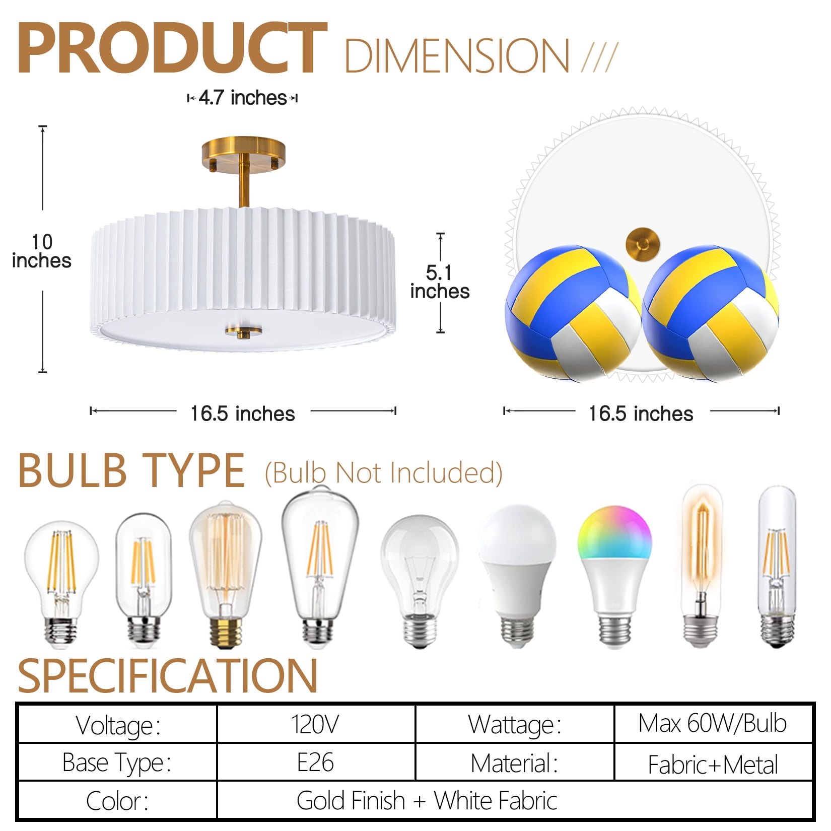 BESTOMINE 16.5 Inch Semi Flush Mount Ceiling Light Fixture,Gold Finish with Pleated Fabric Shade,3-Light Flush Mount Ceiling Light,Modern Light Fixtures Ceiling Mount for Bedroom,Hallway,Nursery Room