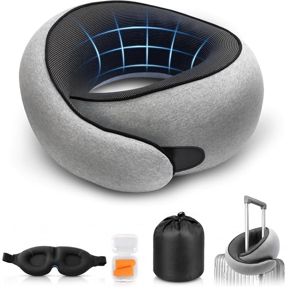Ergonomic G-Shape Memory Foam Travel Neck Pillow, Soft Supportive Cushion for Airplane Car Bus & Train