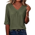 thumbnail image 2 of TGSLY Women's Front Pleated V Neck Tops Lightweight Soft Half Sleeve Relaxed Fit Dressy Casual Solid Color Curved Hem Blouses XXL, 2 of 7