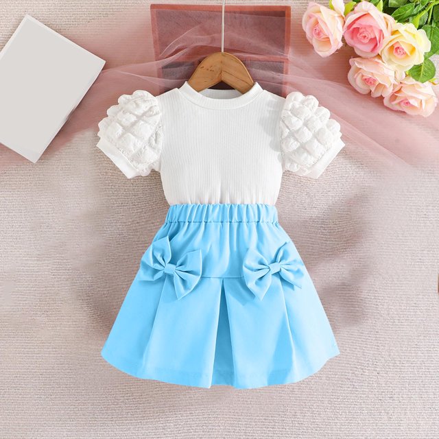 DecSea Girls' Solid Bubble Sleeve Top Set | Bowknot Skirt | Cute Daily Outfit