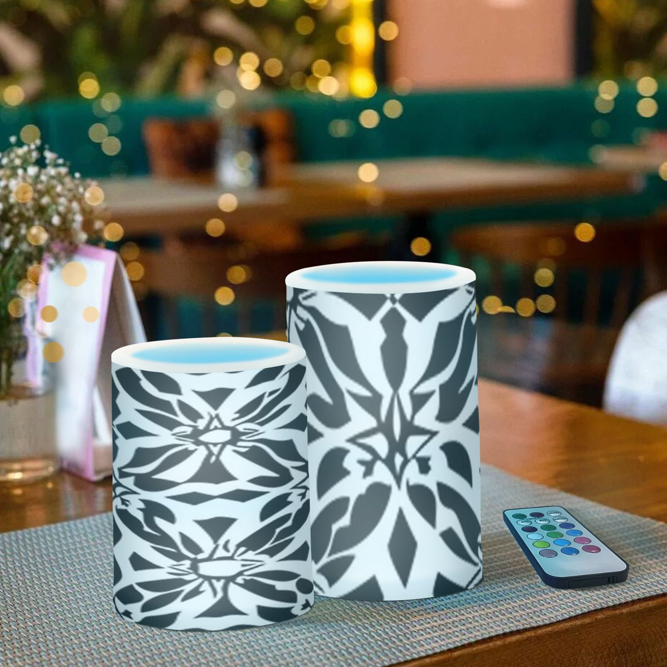 Black and White Art Pattern Flickering Flameless Candles Battery Operated with Remote Timer LED Pillar Candles Set of 2