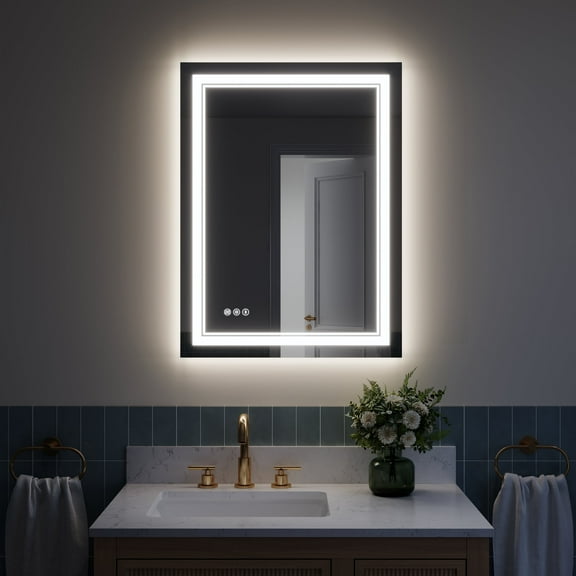 ANGELES HOME 24x32 inch LED Bathroom Vanity Mirror with Lights, Wall Mounted Lighted Bathroom Mirror with Anti-Fog, 3 Colors Dimmable Touch Lighted Makeup Vanity Mirror, Horizontal/Vertical