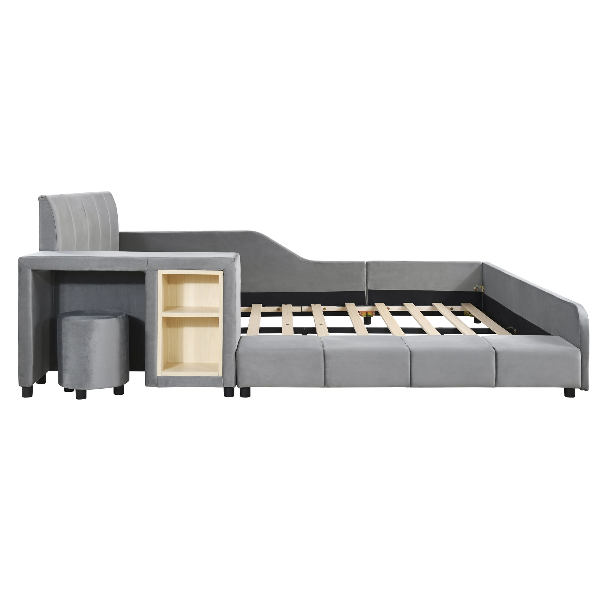 Aukfa Full Size Velvet Upholstered Mother & Child Bed Frame, Grounded Platform Bed with Bedside Desk & Round Stool, Floor Bed for Kids & Adults Bedroom, Gray