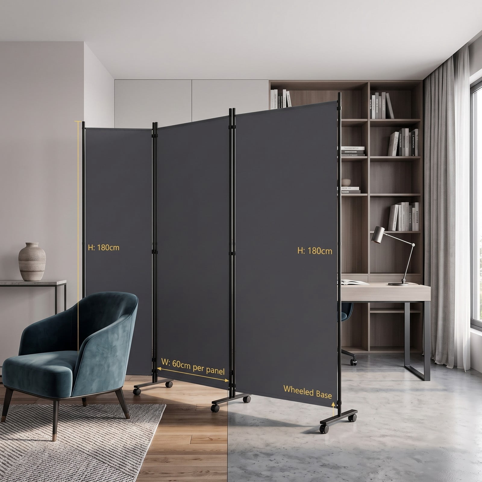 Fenbeli 4 Panel Folding Room Divider Privacy Screen with Wheels, Freestanding Polyester Fabric Partition with Metal Frame for Living Room Bedroom Office, Gray