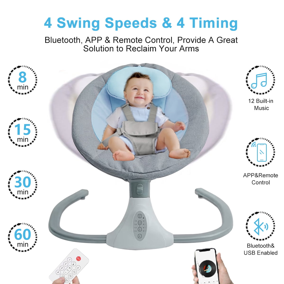 Beuway Electric Baby Swing for Infants - Bluetooth Music Speaker with 12 Lullabies,4 Speeds,Remote Control, Blue