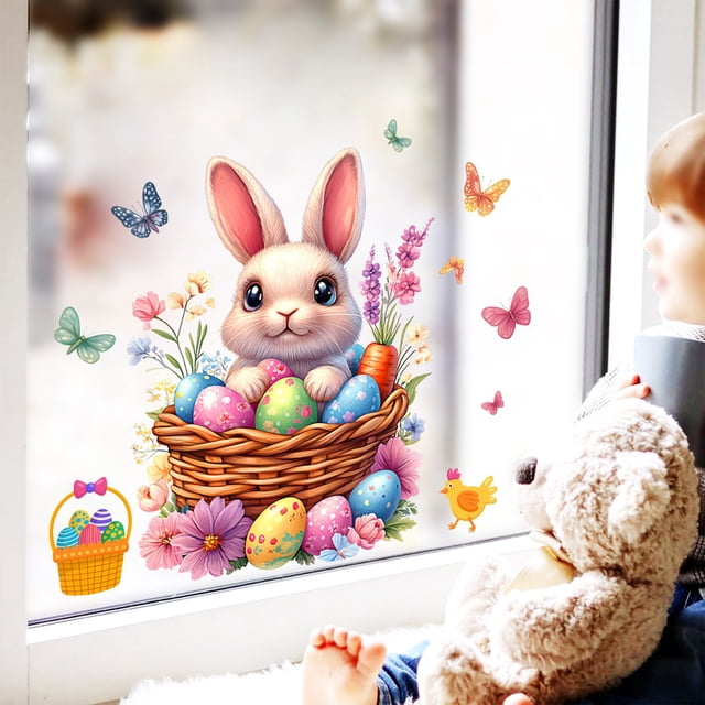 TIMIFIS Decorative Stickers, Easter Cute Bunny Eggs Wall Decoration Stickers Layout Family Room Stickers Home Decor