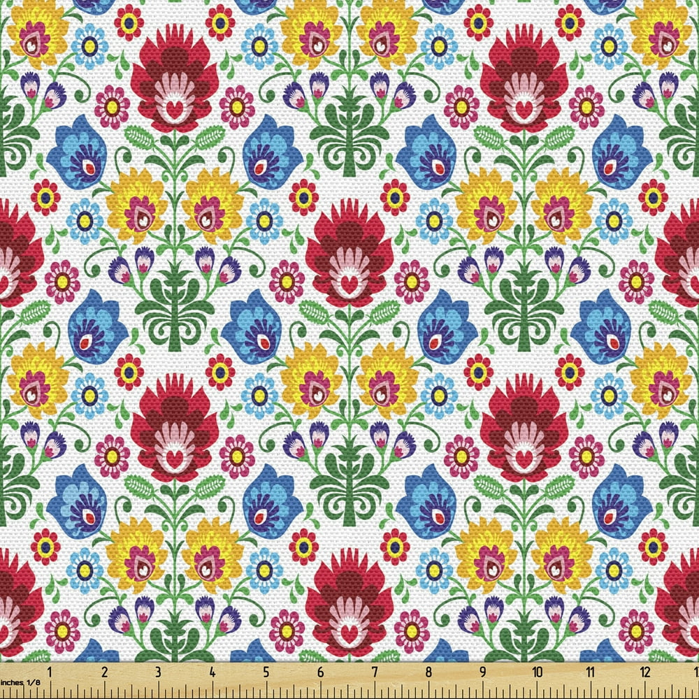 Polish Folk Art Fabric by the Yard, Flourish Motif with Colorful