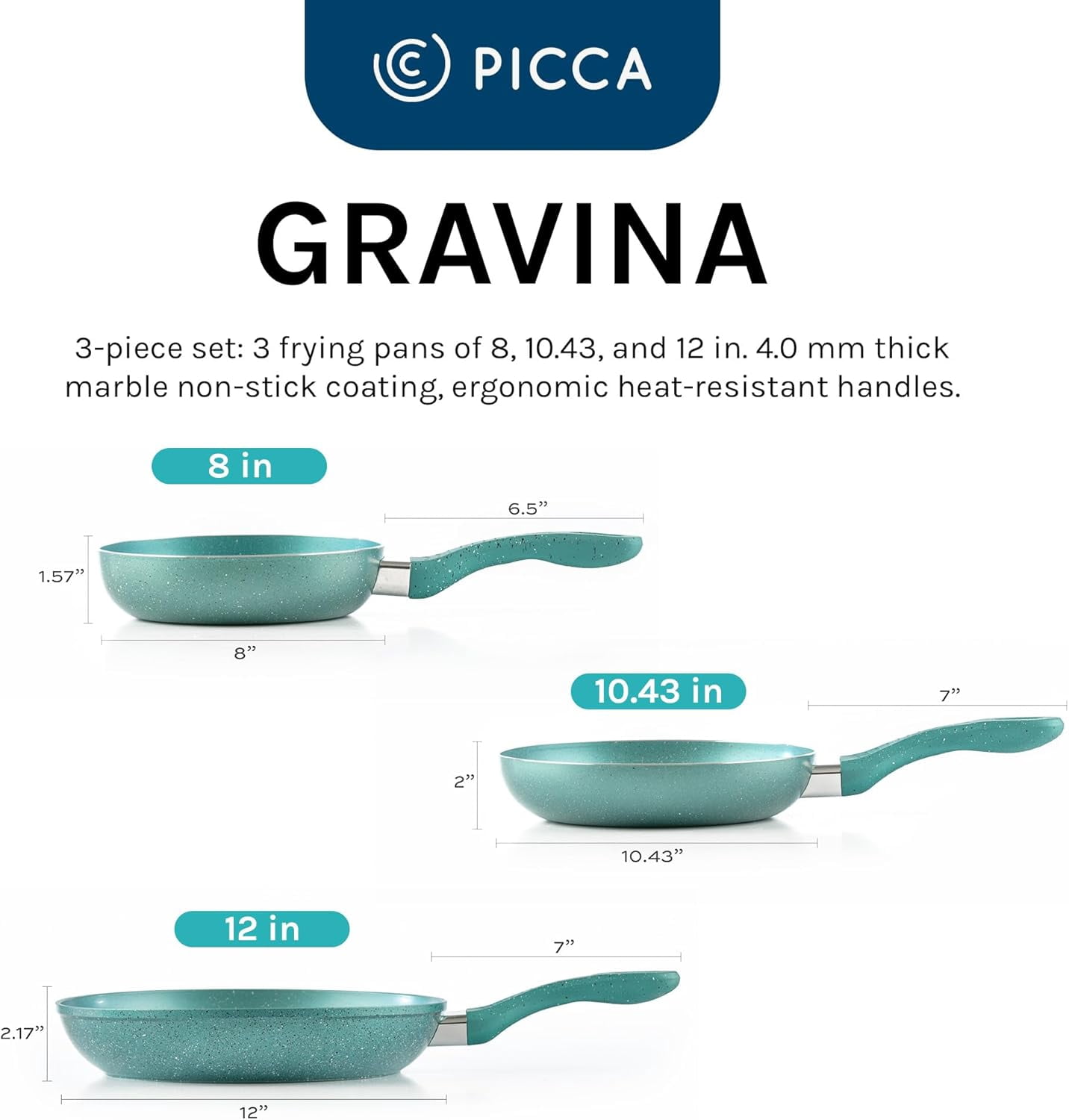 Picca Gravina 3-Piece Large Frying Pan Set - Easy Clean Marble Non Stick Cooking Pan Set with Mineral Based Coating - No PFAS/PFOS/PFOA - Turquoise Green - 8in, 10.4in, 12in
