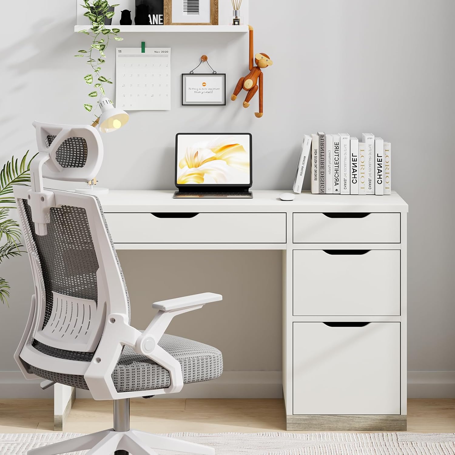 DreamCurship 48” Computer Desk with 4 Drawers, Home Office Desk for Work and Study, Writing Desk for Small Space, White