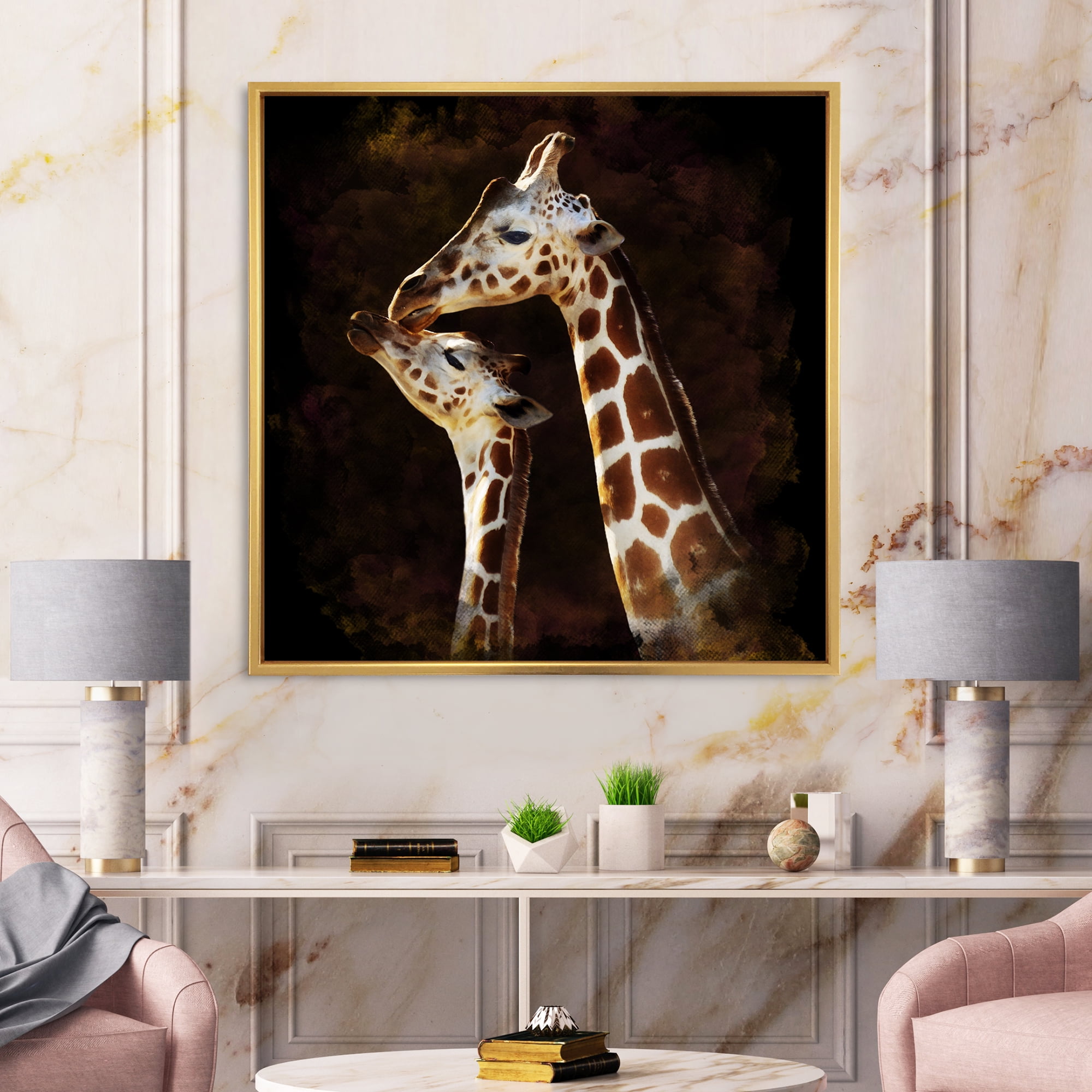 Designart 'Close UP Of Two Giraffes Kissing I' Farmhouse Framed Canvas Wall Art Print
